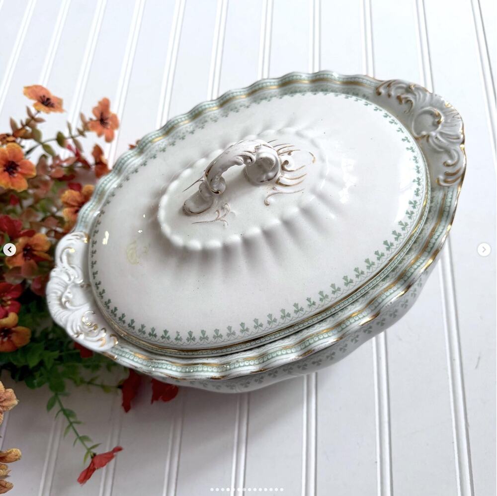 Antique Furnivals England Trefoil Green Clover Transferware TUREEN